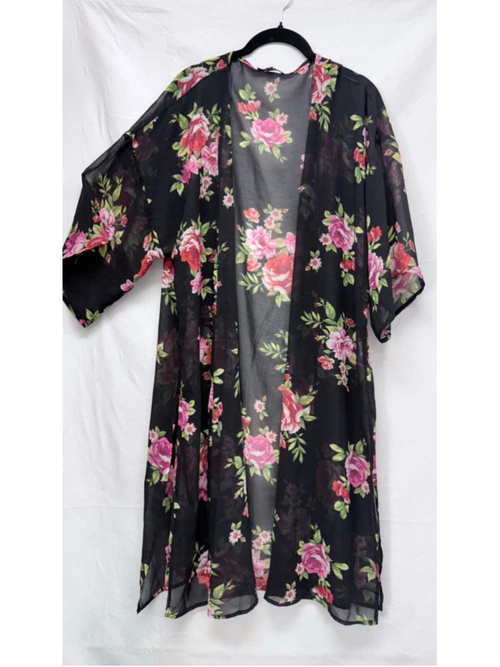 Women's Ambiance Floral Kimono L Black Pink Sheer Cover Up